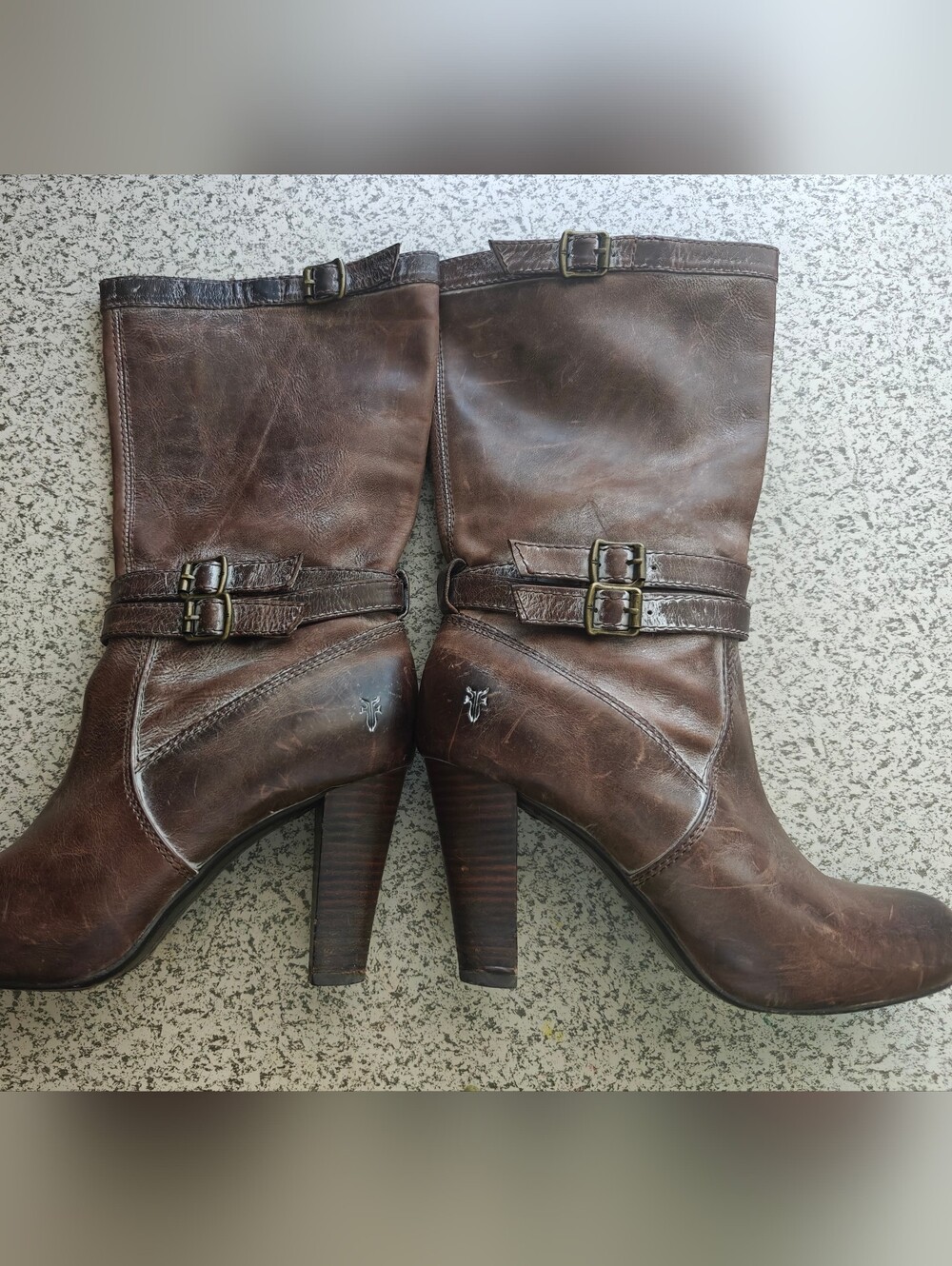 FRYE Boots Miranda Dark Boho Distressed Slouch Leather Mid-Calf brown 7.5M